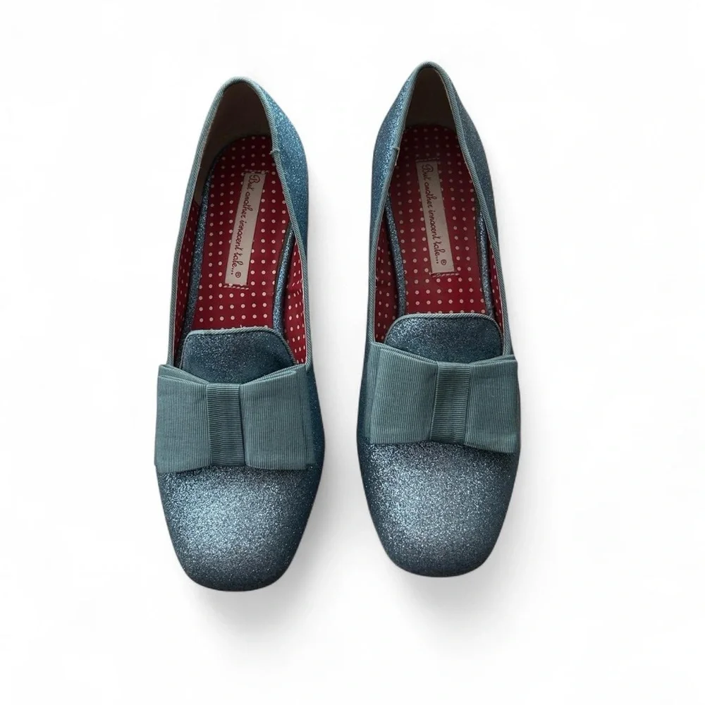 B.a.i.t. Sparkly glitter Blue Loafers with Bow Detail and kitten heel - Picture 3 of 4